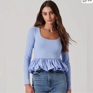 Astr Light Blue Ruffle Hem Blouse